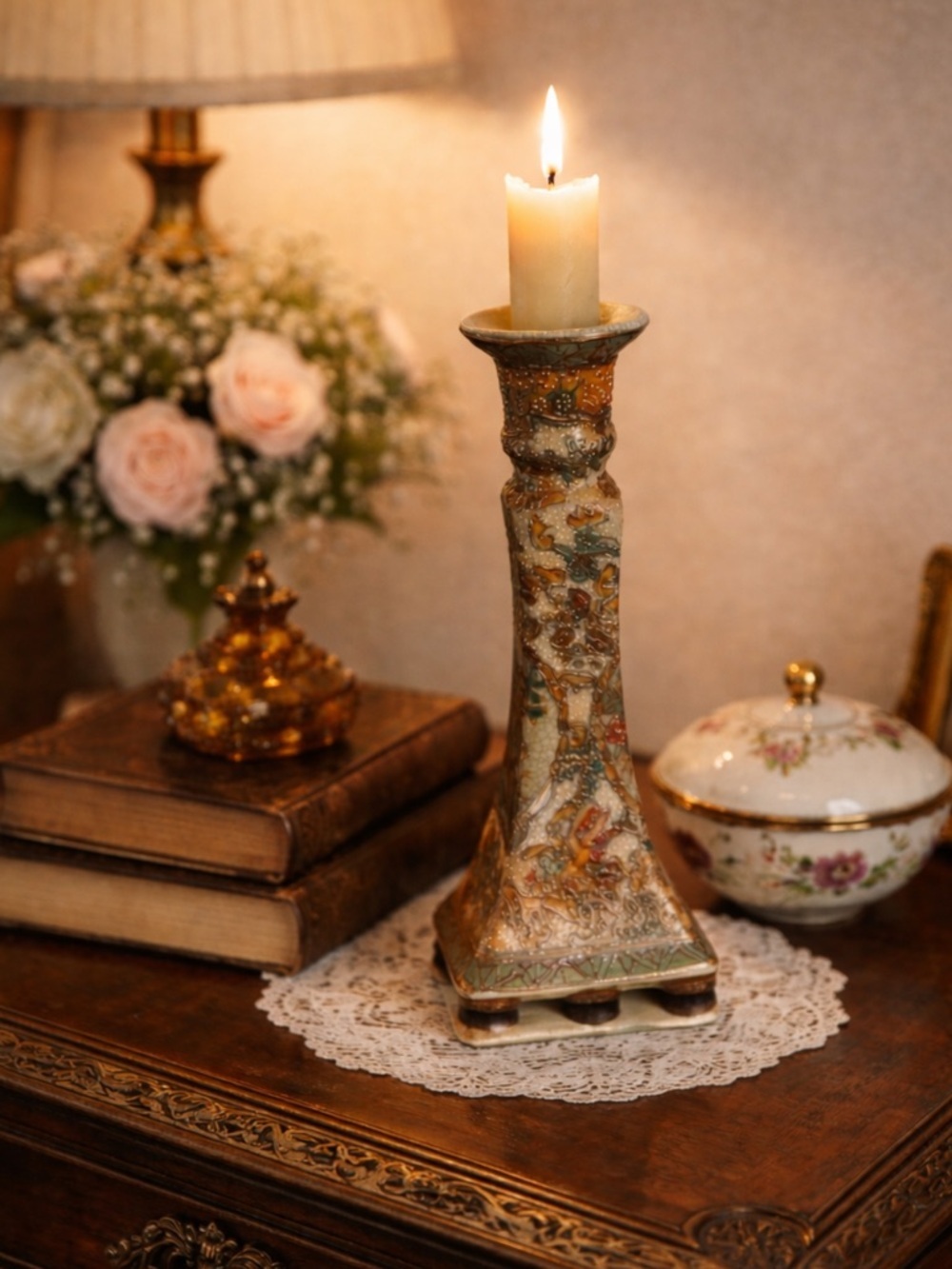 Vintage Chinoiserie Ceramic Candlestick